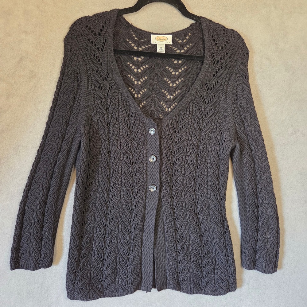Talbots Pointelle Knit Cardigan Sweater Women Petites Medium Coastal Preppy
